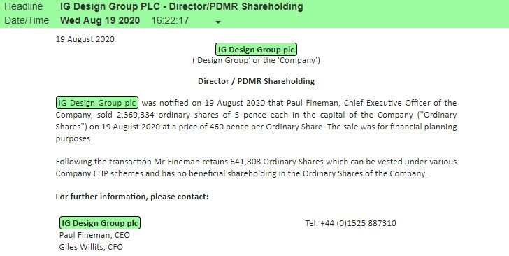 RNS Aim Rule 26 Sold All Shares