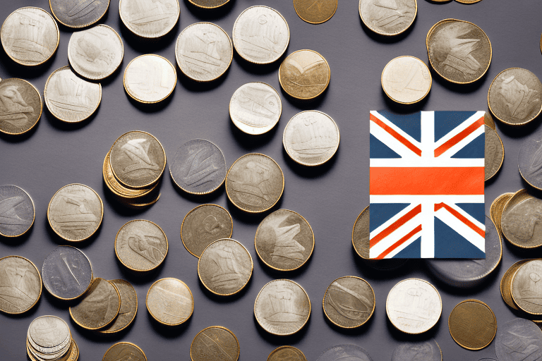 A stack of coins with a british flag in the background